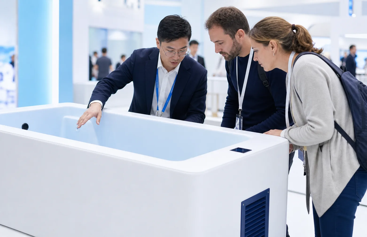 Cold plunge product demonstration at a trade show