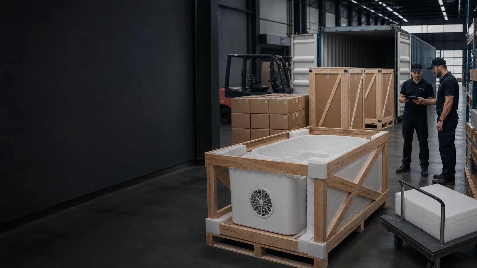Custom cold plunge system prepared for export shipment