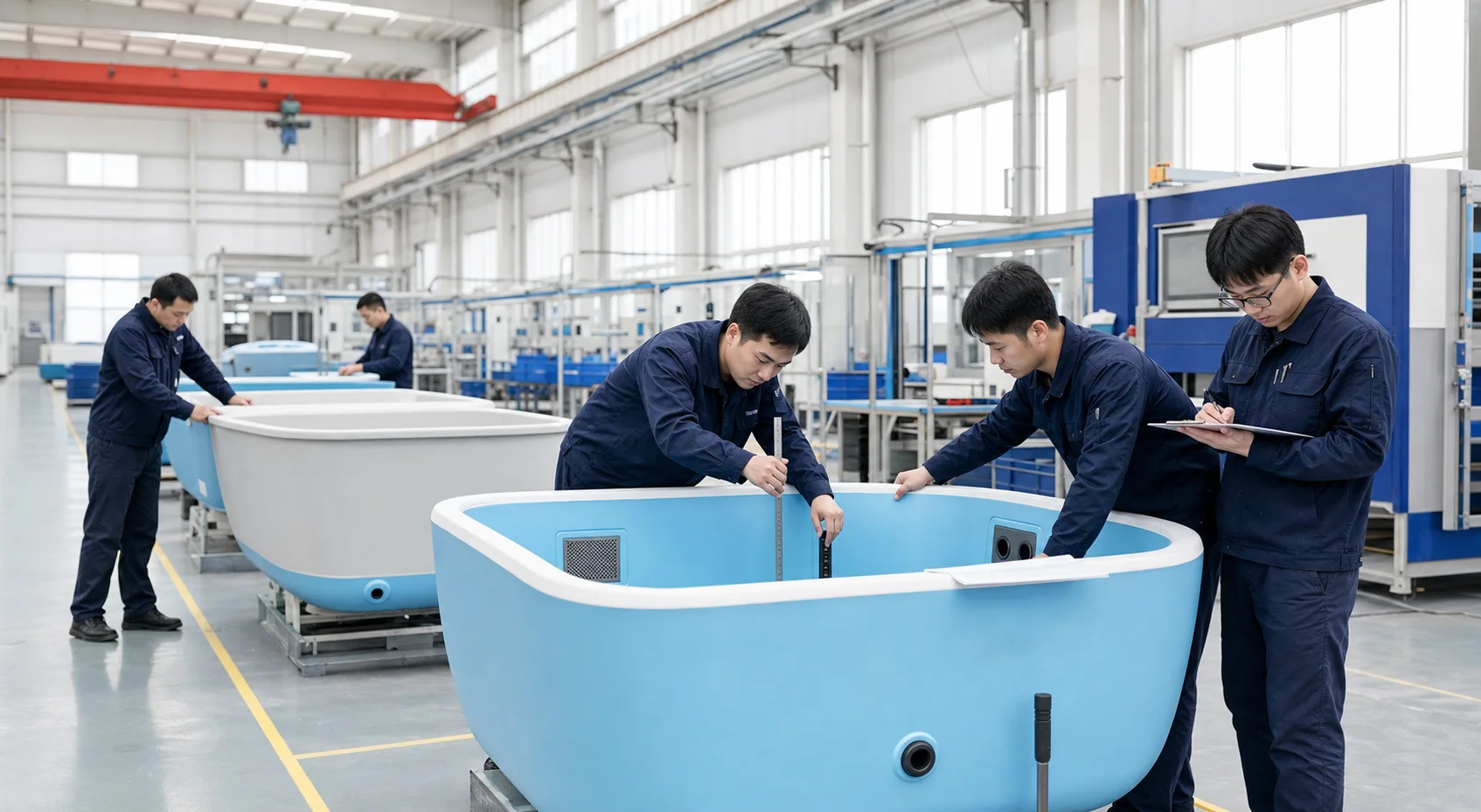 Chinese engineers inspecting cold plunge products in the Poplunge factory