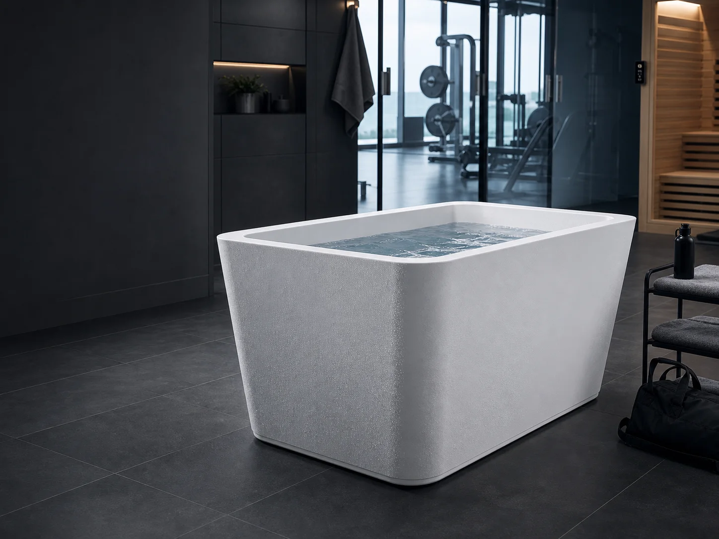 Custom mold commercial cold plunge tub in a premium recovery room