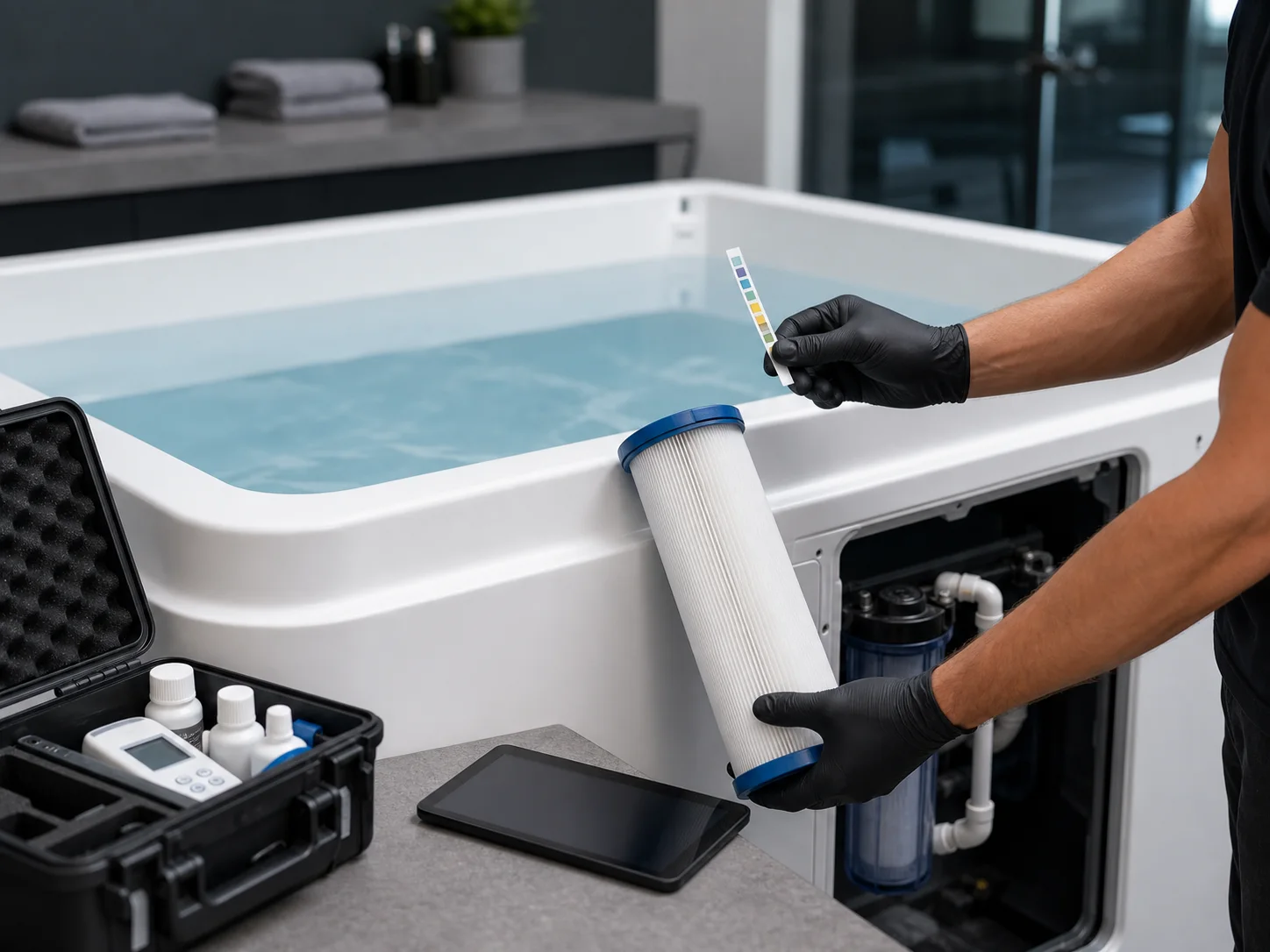 Cold plunge water testing and filter maintenance